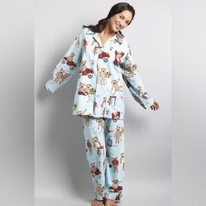 Nick & Nora Flannel Pajama Set Sock Monkey Size XL Sleepwear Lounge Blue Cotton